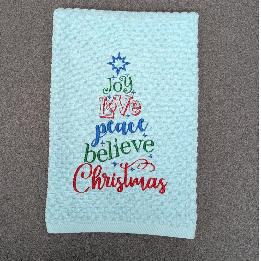Joy Love Peace Believe Christmas Tree Holiday Kitchen Bath Bar Tea Hand Towel